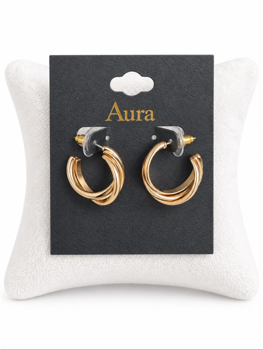 AURA Gold-Tone Triple Twist Hoop Earrings Pierced Classic Statement 💥🆕💥